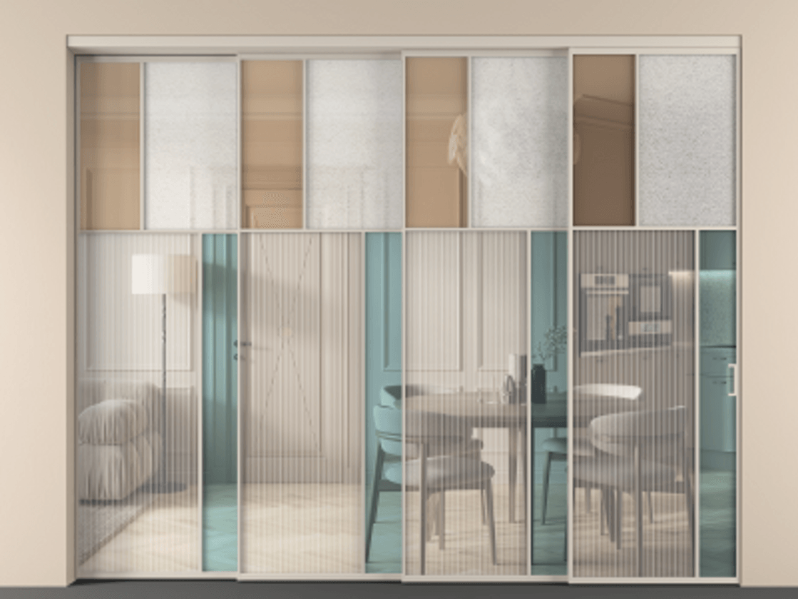 Перегородка Мозаик внутри проёма 4 створки с синхронным механизмом АЛПР 041.23 Алюминий светло-бежевый Комбинация стекол Группы 1 и Группы 3 Цена 890370 сом | Volhovec