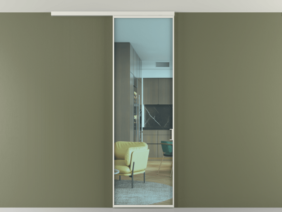 Перегородка Формато вдоль стены на потолок 1 створка АЛПР 040.01 Алюминий серый Прозрачное голубое стекло, триплекс Цена 134540 сом | Volhovec