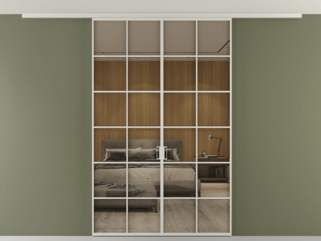 Перегородка Формато вдоль стены на потолок 2 створки АЛПР 040.05 Алюминий тёплый серый Рефлективное бронзовое стекло "Стопсол", калёное Цена 380130 сом | Volhovec