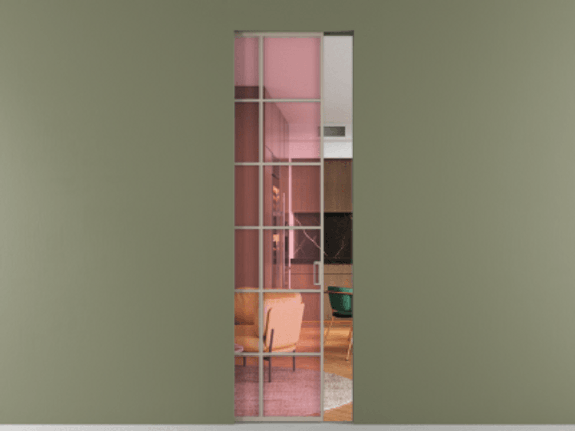 Перегородка Formato скрытый пенал 1 створка АЛПР 040.05 Алюминий бисквитный Прозрачное розовое стекло, триплекс Цена 259460 сом | Volhovec