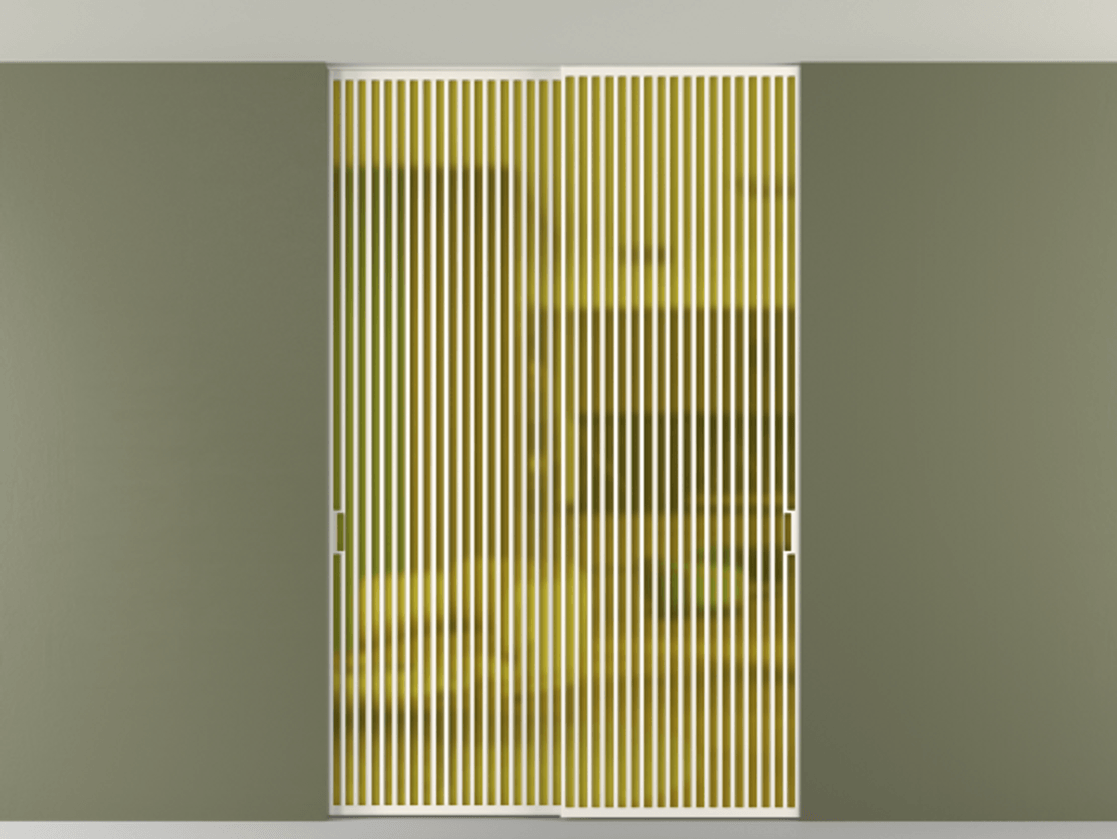 Перегородка Формато внутри проёма скрытое крепление в потолок 2 створки АЛПР 040.06 Алюминий пудровый белый Сатинированное жёлтое стекло, триплекс Цена 409915 ₽ | Volhovec