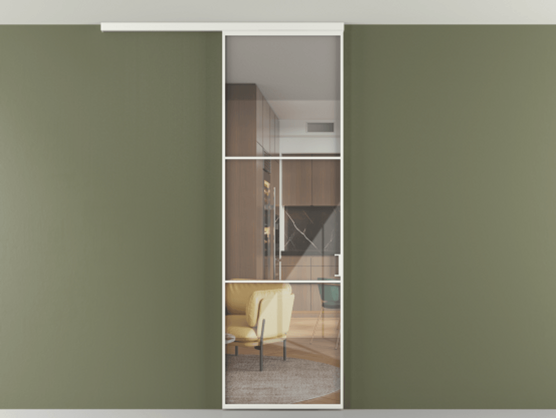 Перегородка Формато вдоль стены на потолок 1 створка АЛПР 040.03 Алюминий светло-серый Рефлективное прозрачное стекло "Стопсол", калёное Цена 182740 сом | Volhovec