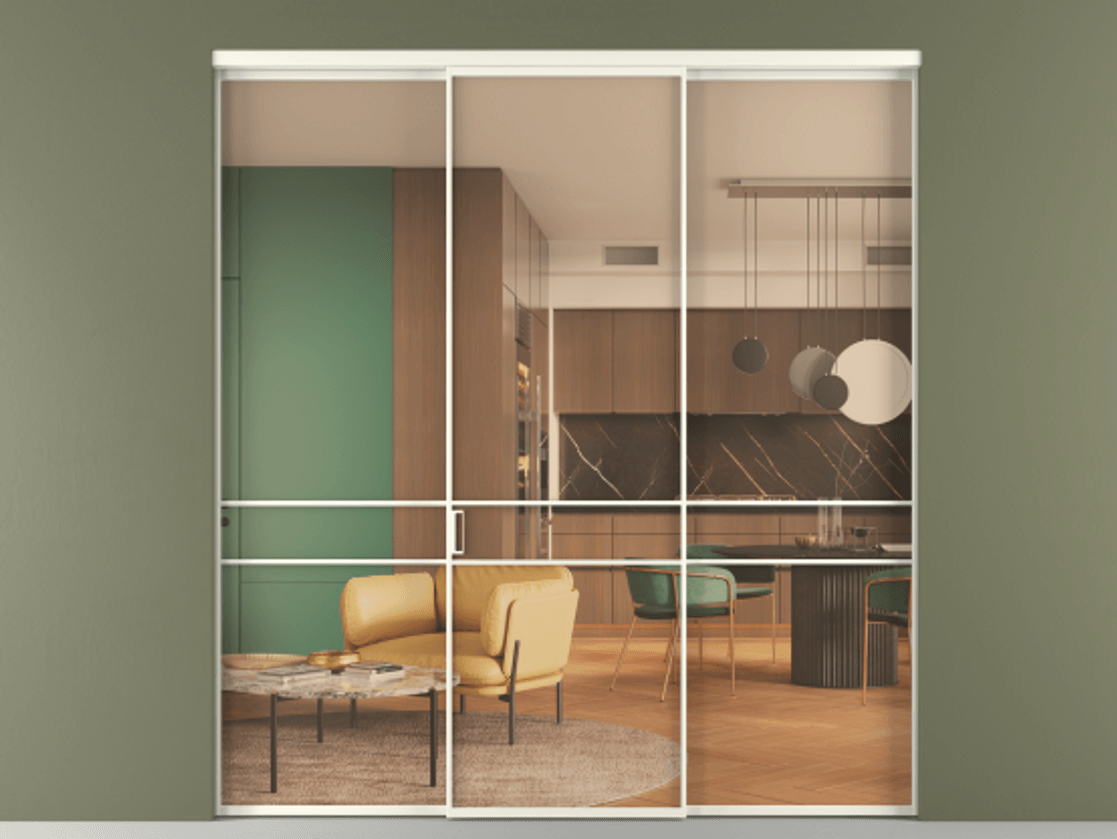 Перегородка Формато внутри проёма 3 створки АЛПР 040.02 Алюминий жемчужный Прозрачное оранжевое стекло, триплекс Цена 345470 сом | Volhovec