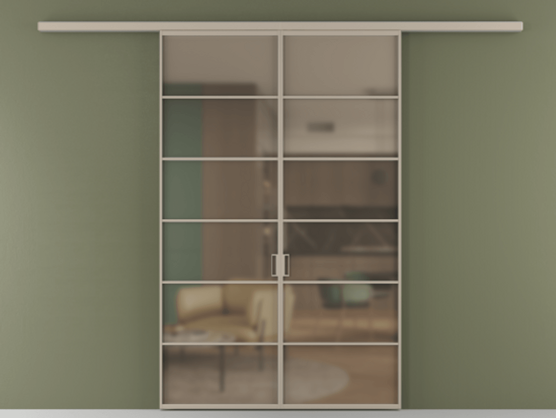 Перегородка Формато вдоль стены 2 створки АЛПР 040.04 Алюминий бисквитный Сатинированное бронзовое стекло, триплекс Цена 301610 сом | Volhovec