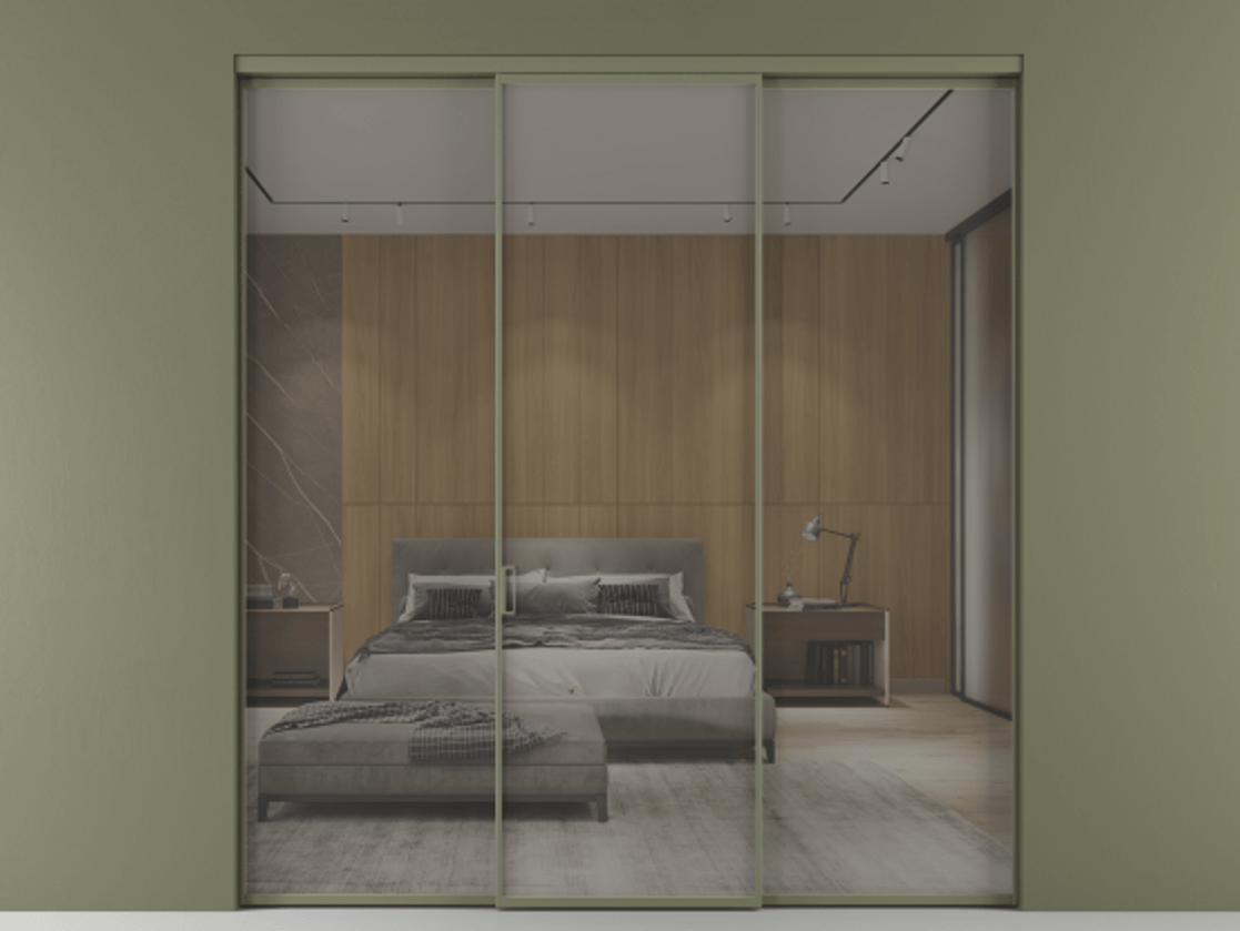 Перегородка Формато внутри проёма 3 створки АЛПР 040.01 Алюминий оливковый тёмный Рефлективное серое стекло "Стопсол", калёное Цена 438840 сом | Volhovec