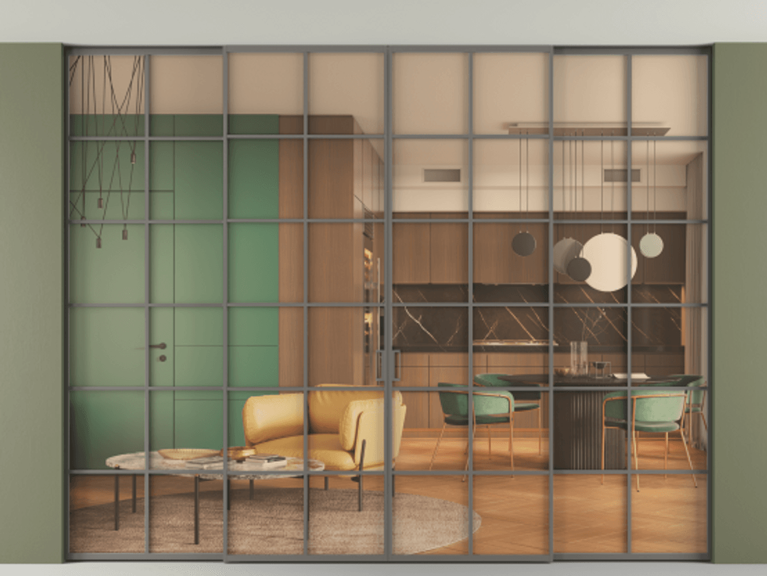 Перегородка Formato внутри проёма скрытое крепление в потолок 4 створки АЛПР 040.05 Алюминий классический серый Прозрачное оранжевое стекло, триплекс Цена 705440 сом | Volhovec