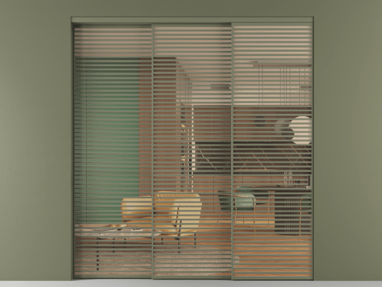 Алюминевая перегородка АЛПР 040.07_АОТ_ПРОЗ ОРАНЖ_new. Цвет Алюминий оливковый тёмный. Материал Алюминий в эмали. Коллекция Перегородка Formato внутри проёма 3 створки с синхронным механизмом. Картинка.