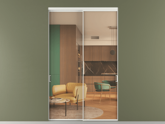 Алюминевая перегородка vn2_01_ Алюминий светло-серый Прозрачное оранжевое стекло, триплекс, 6мм. Цвет Алюминий светло-серый. Материал Алюминий в эмали. Коллекция Перегородка Formato внутри проёма 2 створки. Картинка.