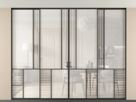 Алюминевая перегородка vntp4_1 ЧЕР. Цвет Алюминий Черный. Материал Алюминий. Коллекция Перегородка Mosaic внутри проёма скрытое крепление в потолок 4 створки. Картинка.