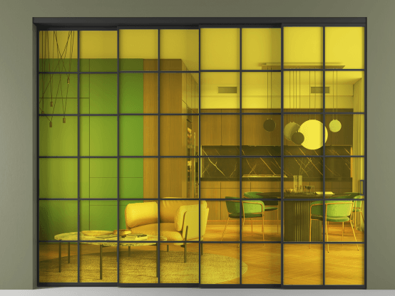 Алюминевая перегородка АЛПР 040.05_ЧРН_ПРОЗ ЖЕЛ_new. Цвет Алюминий Черный. Материал Алюминий. Коллекция Перегородка Formato внутри проёма 4 створки с синхронным механизмом. Картинка.