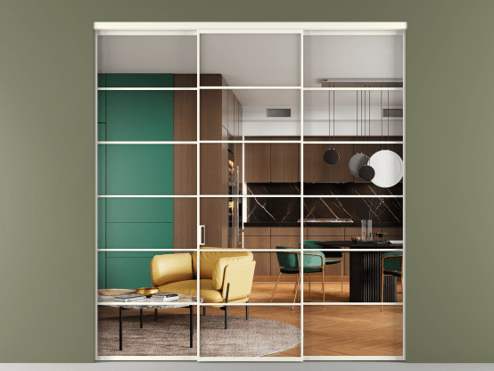 Алюминевая перегородка АЛПР 040.04_АЖМ_Crystalvision_new. Цвет Алюминий жемчужный. Материал Алюминий в эмали. Коллекция Перегородка Formato внутри проёма 3 створки. Картинка.