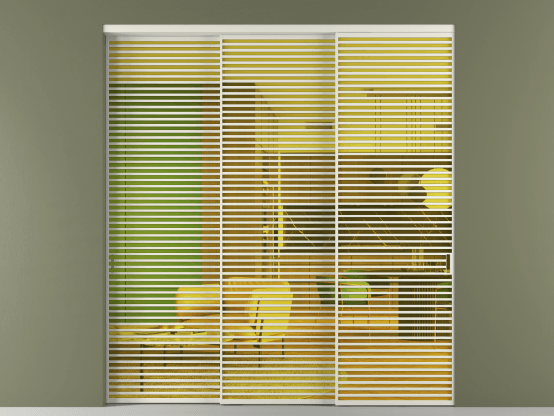 Алюминевая перегородка АЛПР 040.07_БЕЛ_ПРОЗ ЖЕЛ_new. Цвет Алюминий Белый. Материал Алюминий. Коллекция Перегородка Formato внутри проёма 3 створки с синхронным механизмом. Картинка.