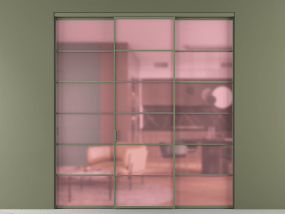 Алюминевая перегородка АЛПР 040.04_АОТ_САТ РОЗ_new. Цвет Алюминий оливковый тёмный. Материал Алюминий в эмали. Коллекция Перегородка Formato внутри проёма 3 створки. Картинка.