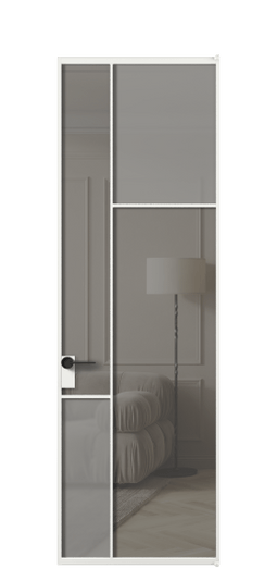 Дверь межкомнатная АЛПЛ041.11 АБЛ Серый сатин матовое + Серый прозрачное. Цвет Алюминий белоснежный. Материал Алюминий в эмали. Коллекция Mosaic. Картинка.