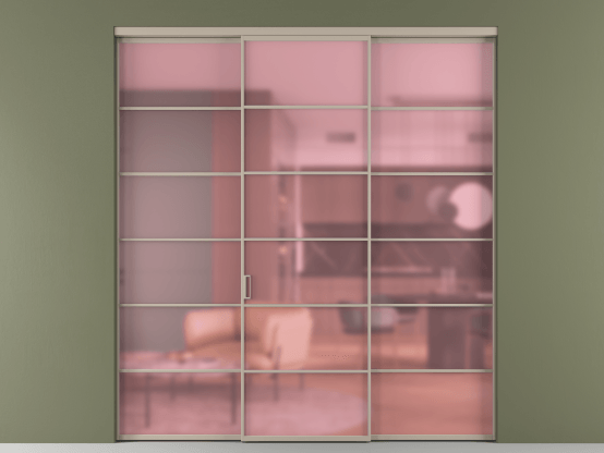 Алюминевая перегородка АЛПР 040.04_АБСК_САТ РОЗ_new. Цвет Алюминий бисквитный. Материал Алюминий в эмали. Коллекция Перегородка Formato внутри проёма 3 створки. Картинка.