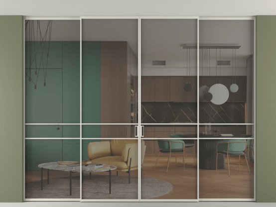 Алюминевая перегородка vn2+2_02 Алюминий тёплый серый Серый прозрачное. Цвет Алюминий тёплый серый. Материал Алюминий в эмали. Коллекция Перегородка Formato внутри проёма скрытое крепление в потолок 4 створки. Картинка.